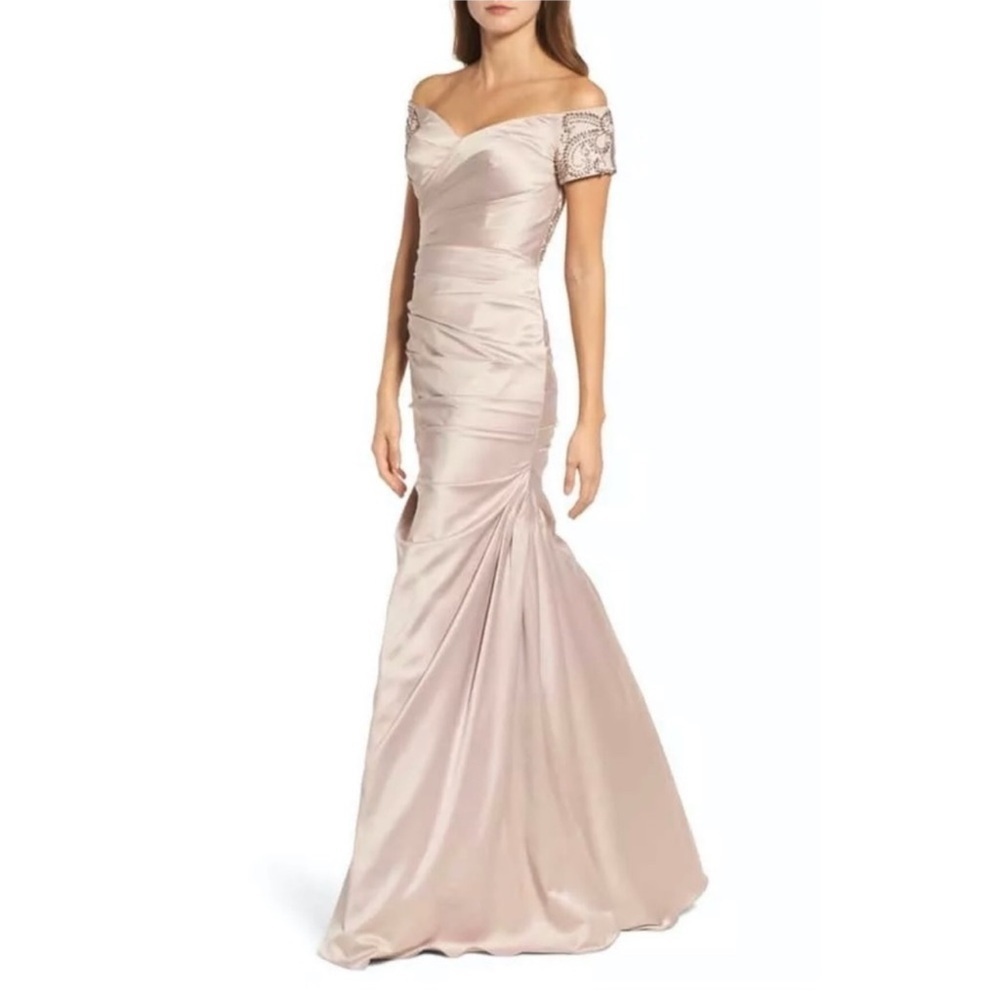 La Femme 25996 Off the Shoulder Beaded Satin Gown Champagne Size 12 NWT